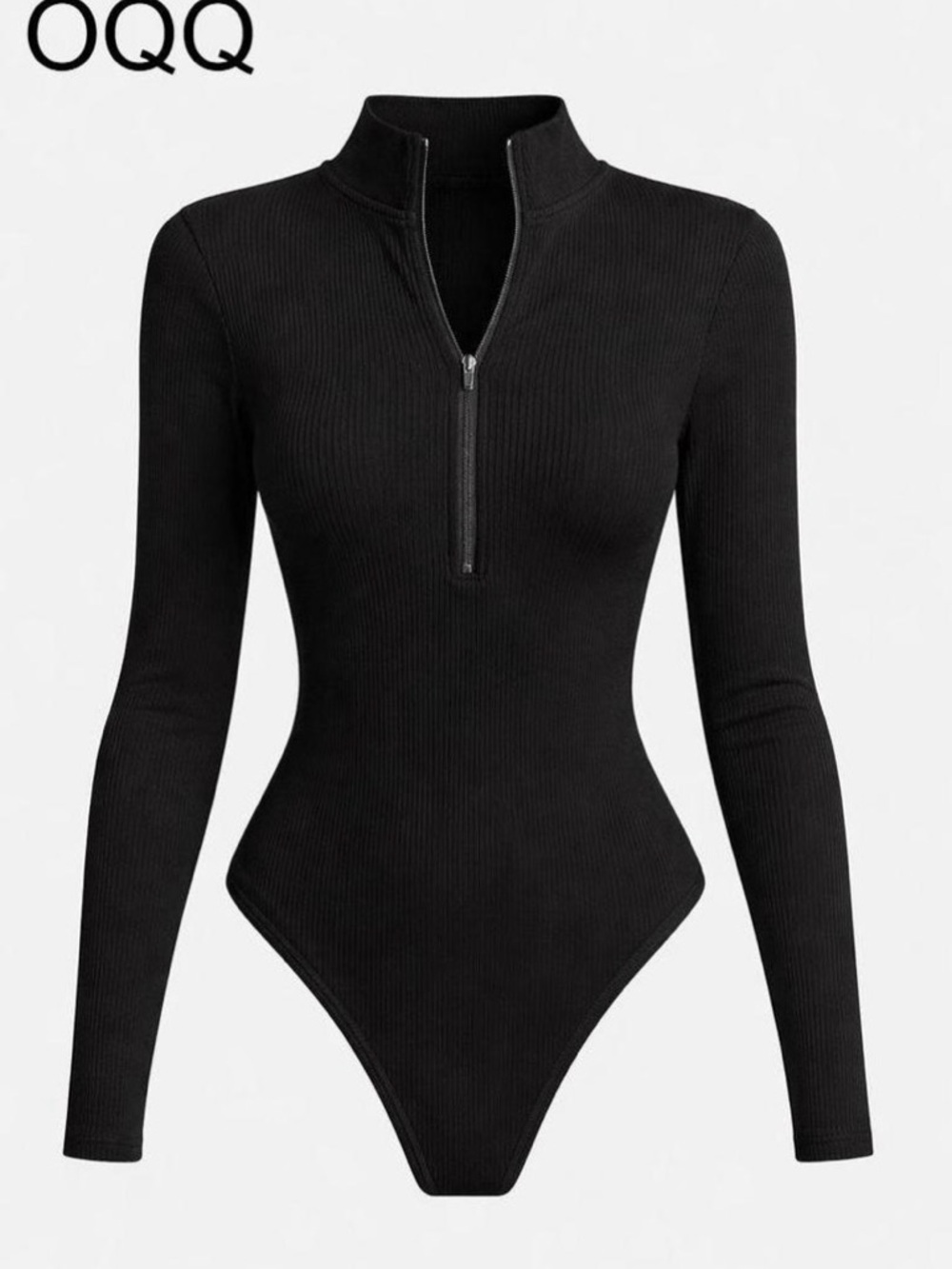 Stylist Black Ribbed Long-Sleeve Zip-Front One-Piece Bodysuit